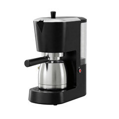 Modern black espresso machine with stainless steel carafe