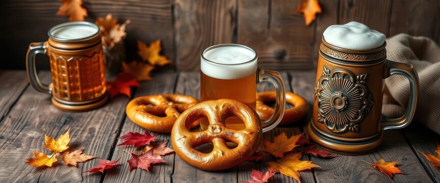 Rough-hewn wooden table, beer steins, pretzels, autumn leaves, burlap, october, wood