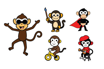 Set of colorful monkey actives vector art illustration