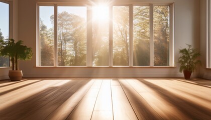 serene interior space with sunlight casting shadows on wooden floor creating warm atmosphere light filters through window enhancing natural beauty of room