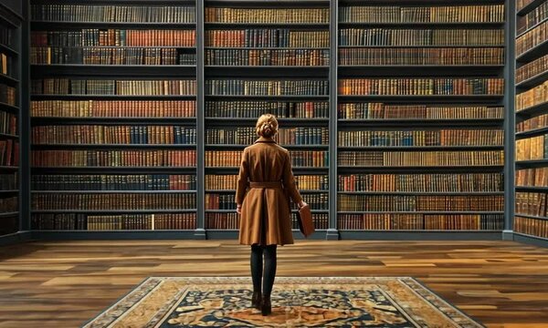 A woman walks through a vast library with endless bookshelves, carrying a book.