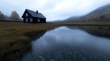 Fototapeta premium Tranquil cabin by a misty lake. A serene, dark wooden cabin sits beside a calm lake, reflecting the overcast sky. Golden autumn foliage surrounds the tranquil scene