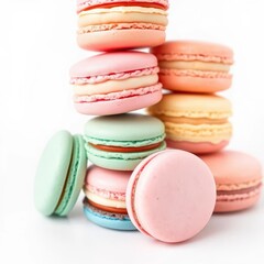 Obraz premium Vibrant pastel French macarons stacked high on pristine white background , food photography, colorful macarons