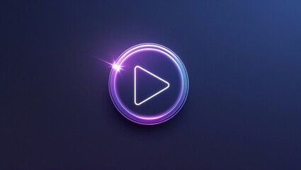 Sleek Glowing Play Button Icon with Neon Shine on Dark Blue to Electric Purple Gradient Background, Digital Streaming Symbol