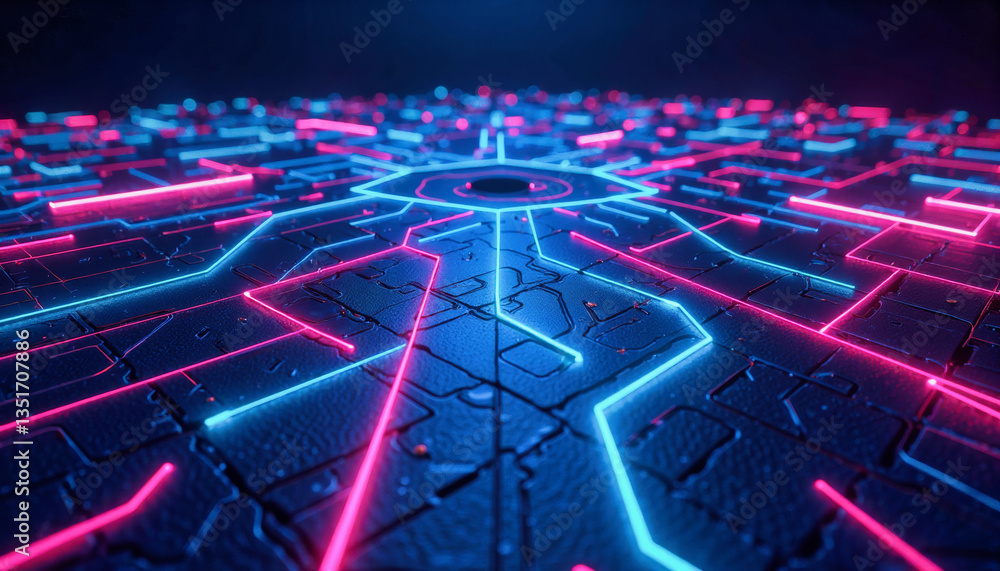 Aufkleber glowing neon lines trace a complex, futuristic circuit pattern across a dark, textured surface. grap