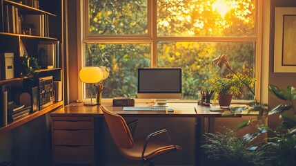 Minimalist home office with a sleek wooden desk, ergonomic chair, natural tones, and soft lighting, accented by a large window view, medium framing. 