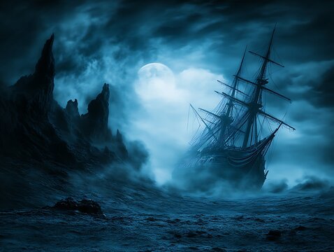 A dark sailing vessel floats in a stormy sea under a full moon