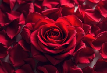 Naklejka premium A crimson heart formed from delicate rose petals, soft lighting, red rose, card