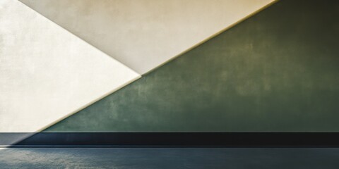 A wall painted in olive green, cream, and charcoal, with the shadow of a geometric shape from above, creating a bold light streak across the wall