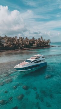 Fast boat at the sea in bali indonesia aerial view of luxury floating boat on transparent turquoise