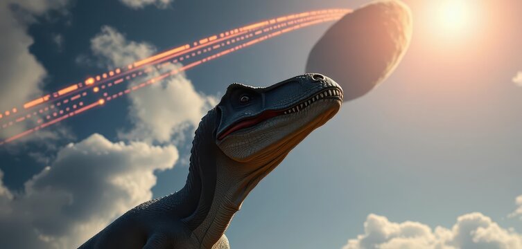 A Velociraptor gazes skyward, a massive asteroid streaking across the prehistoric sky, fossil, skyfall