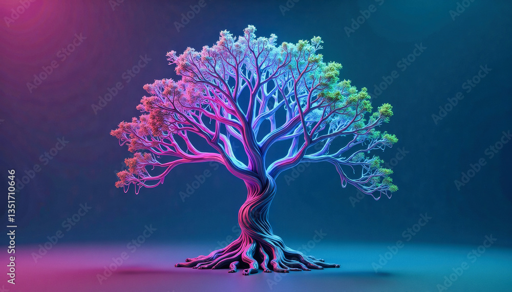 Poster glowing neon lights illuminate a stylized tree with intricate branches and roots against a dramatic,