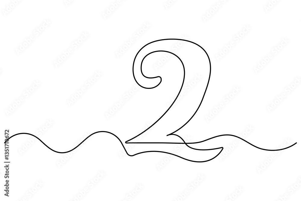 Poster number 2 in continuous line drawing style. editable one line drawing of number 2 icon. vector illust