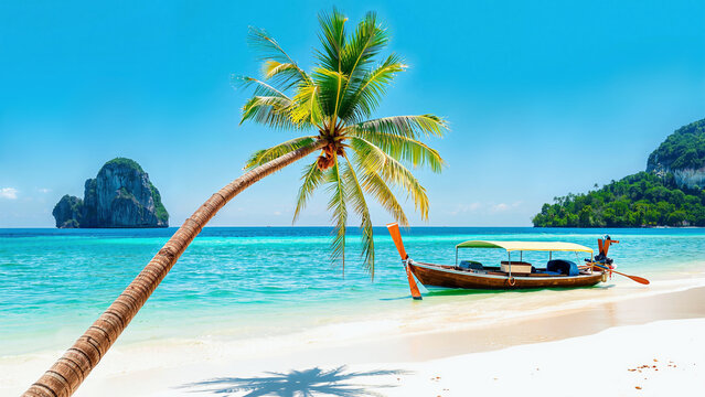 A serene beach scene with a leaning palm tree, turquoise waters, and a traditional boat. Ideal for travel themes, relaxation, tropical environments, and promoting exotic vacation destinations. 