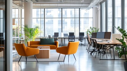 Fototapeta premium Modern bright office interior neutral color palette open workstations large windows and natural light sleek furniture for a fresh and contemporary look. 