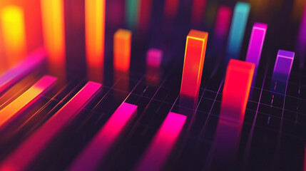 Vibrant abstract digital visualization of data represented by colorful bars against a dark background