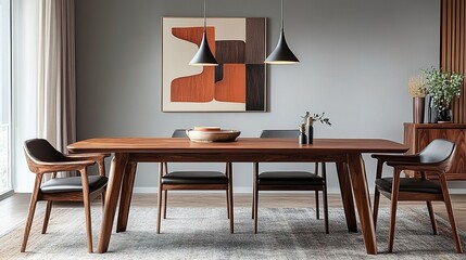 Modern dining area with a walnut wooden table, sleek chairs, bold art on the walls, and a stylish pendant lamp, bathed in a mix of natural and warm artificial light, wide framing. 