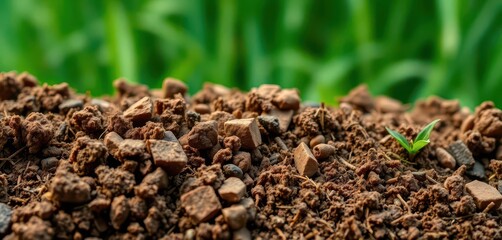 Close-up of diverse soil textures against a vibrant green backdrop, farm, planting