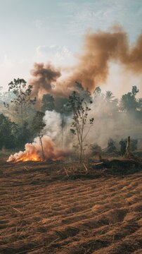 Deforestation of rnforest in asia smoke and r pollution from agricultural burning farm fieldsglobal warmingecology concept background