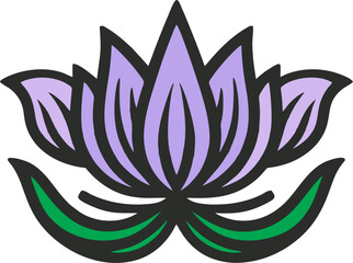 Minimalist Purple Lotus Blossom
This digital illustration showcases a stylized purple lotus flower with bold black outlines and a symmetrical structure. The petals are adorned with delicate