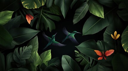 Hummingbirds and Butterfly in Jungle.