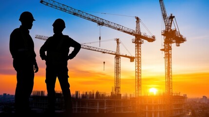 Silhouetted Construction Workers at Sunset