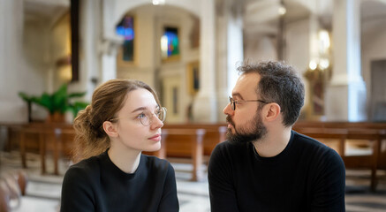 Priest listening attentively to a woman sharing her faith in church. Generated image