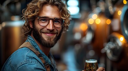 Smiling brewer pouring craft beer samples at a local brewery