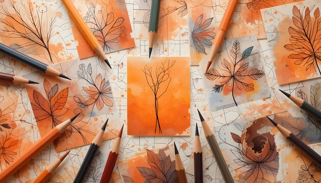 Autumn Leaves Watercolor Painting with Colored Pencils