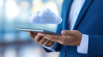 A professional holds a tablet displaying a floating cloud, symbolizing cloud computing and digital technology advancements.