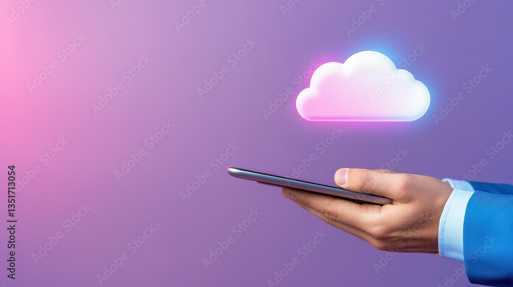 Poster a hand holds a smartphone displaying a cloud icon against a purple background, symbolizing cloud com