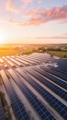 Aerial top view of a solar panels power plant photovoltc solar panels at sunrise and sunset in countryside from above modern technology climate care earth saving renewable energy concept