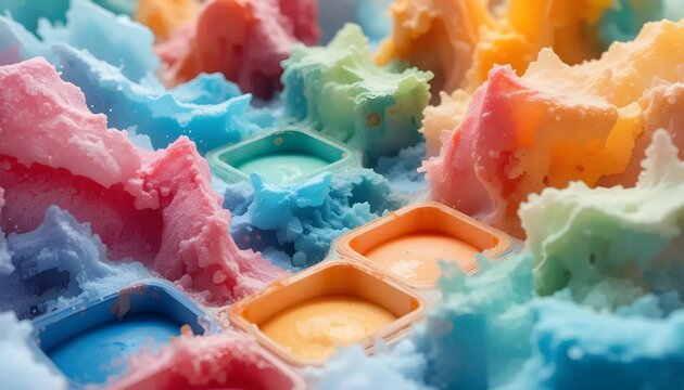 Close-up of Pastel-Colored Fluffy Texture in Square Containers