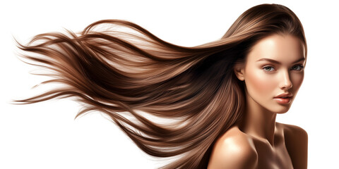 A beautiful woman with long brown flowing hair. Beauty and hair care concept. Isolated on a transparent or a white background, cut-out, PNG