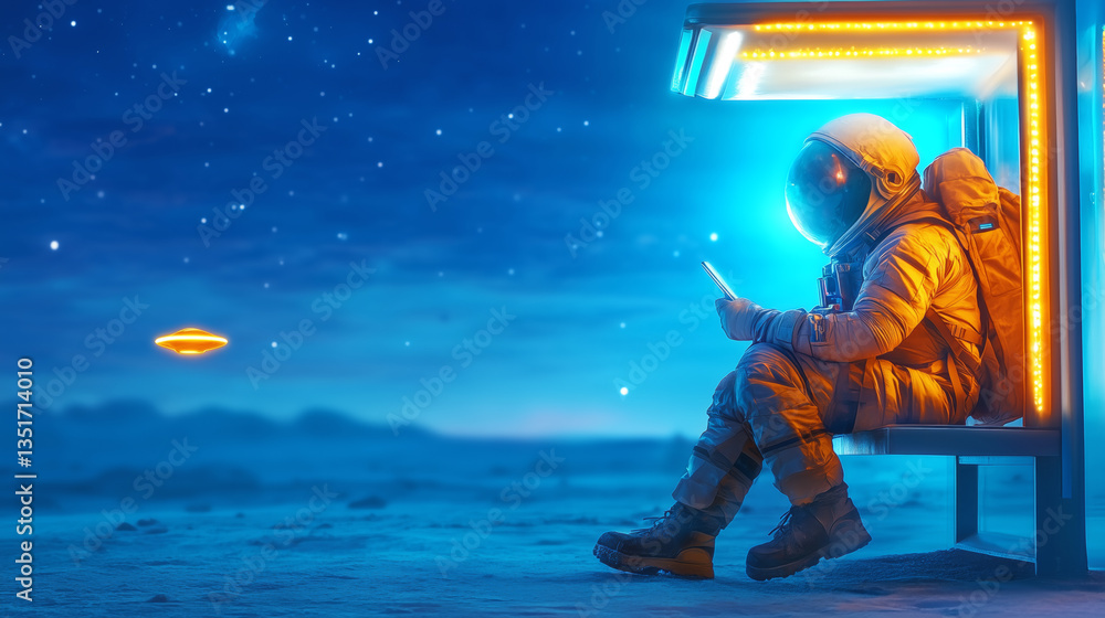 Poster an astronaut in a vibrant suit sits at a bus stop illuminated by neon lights. the backdrop features 