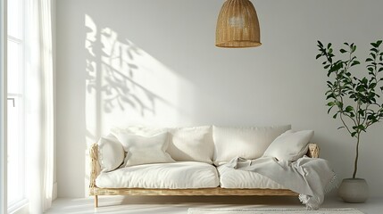 Modern living room with a plush sofa styled with warm-toned throws wicker pendant lamp as a focal point natural light and simple decor create an inviting space. 