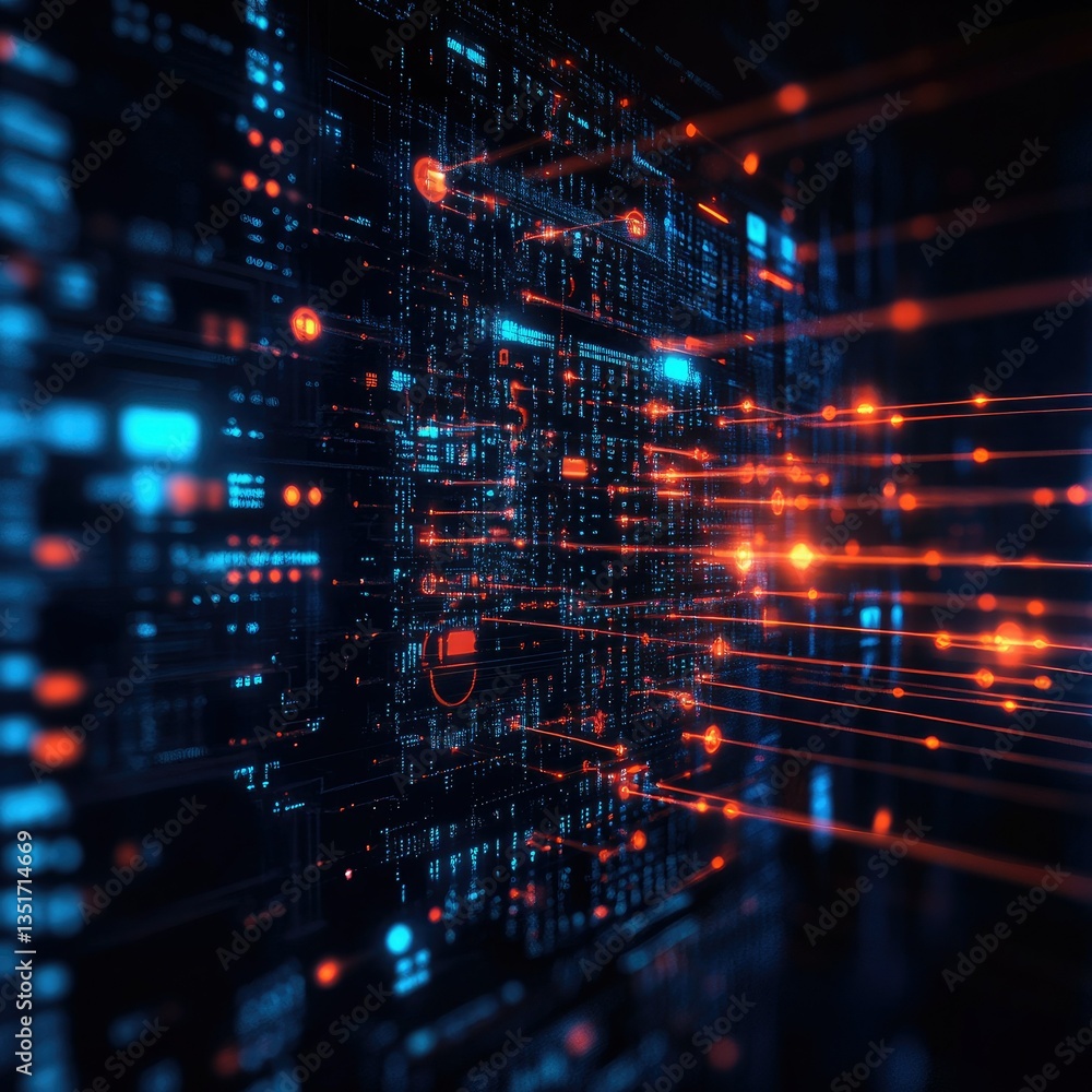 Poster abstract matrix digital circuitry with flowing data streams, blue & orange glow