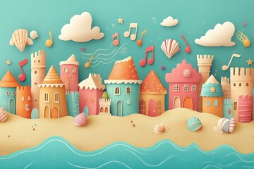 Colorful cartoon houses and beach scenery with musical notes