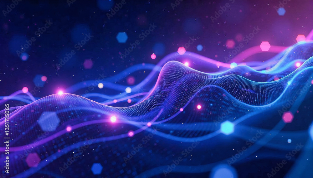 Aufkleber vibrant, interconnected nodes and flowing lines create a dynamic, abstract digital landscape. graphi