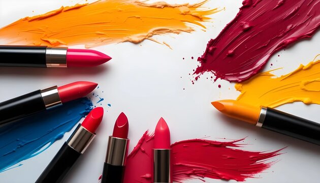 Colorful Lipstick Swatches and Tubes on White Background