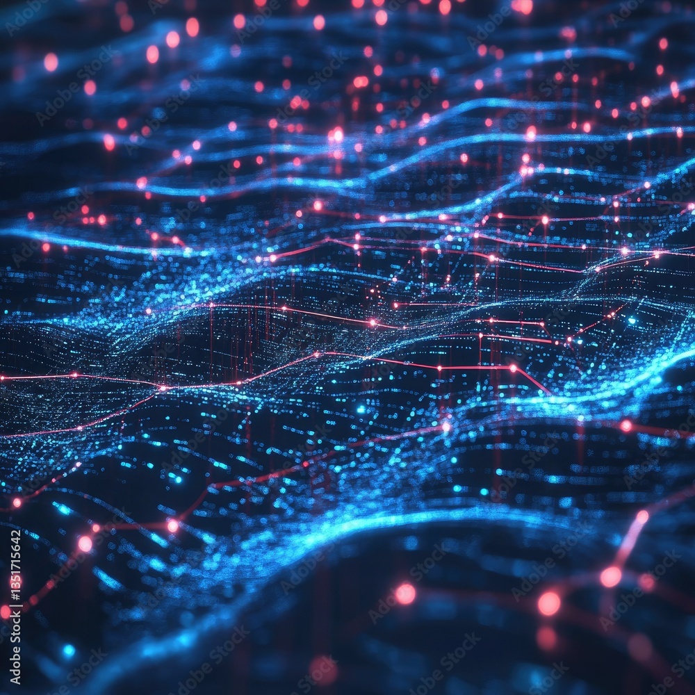 Poster abstract network blue data streams and red nodes on dark background, connectivity
