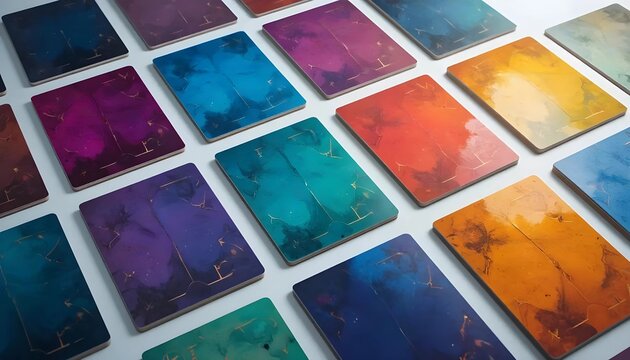 Colorful Watercolor Notebooks with Gold Accents Arranged on Light Gray Background