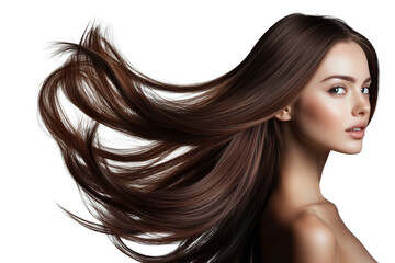 A beautiful woman with long brown flowing hair. Beauty and hair care concept. Isolated on a transparent or a white background, cut-out, PNG