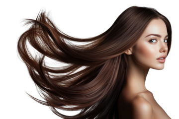 A beautiful woman with long brown flowing hair. Beauty and hair care concept. Isolated on a transparent or a white background, cut-out, PNG