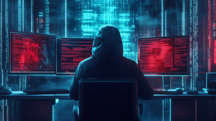 サイバー攻撃を象徴するフードの男