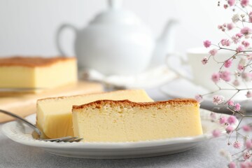 Tasty Japanese Castella sponge cake served on light table, closeup