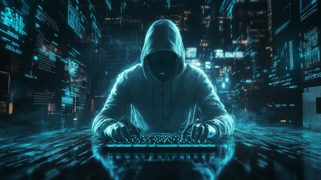 フードを被ったハッカーとデジタル世界 - Powered by Adobe