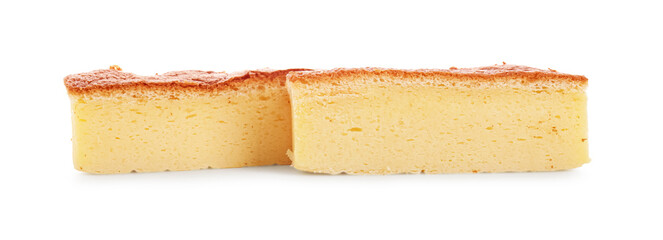 Pieces of tasty Japanese Castella sponge cake isolated on white
