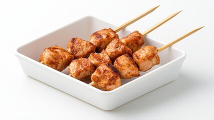 Delicious grilled chicken skewers served in a white dish on a plain background, perfect for food presentations.