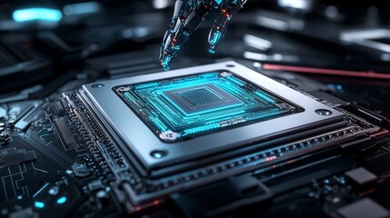 Fototapeta premium Futuristic Robotic Hand Interaction Advanced Technology Lab Digital Interface High-Tech Environment Close-Up View Innovation Concept